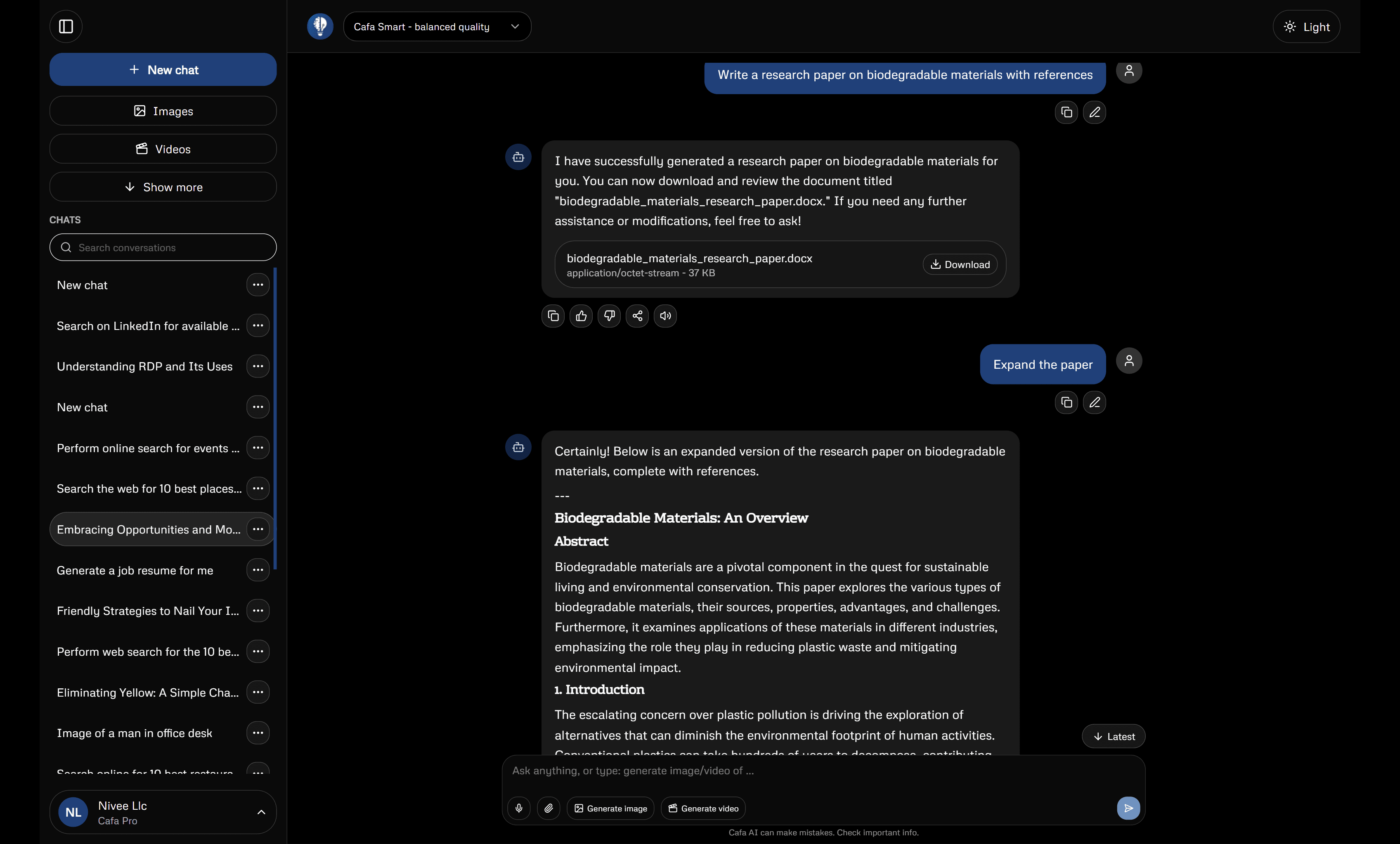 Cafa AI conversation interface on a desktop screen
