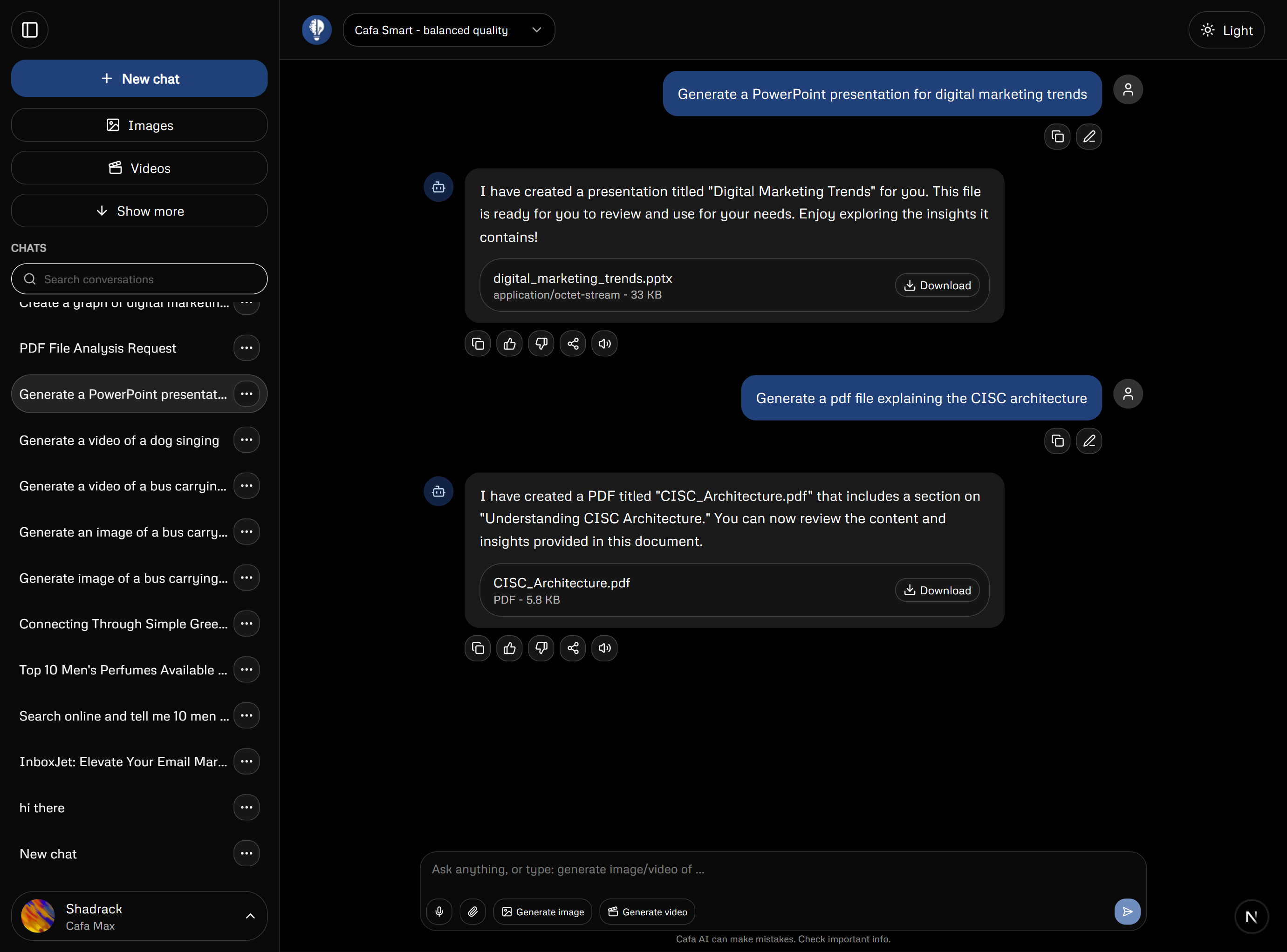 Document generation chat preview in Cafa AI